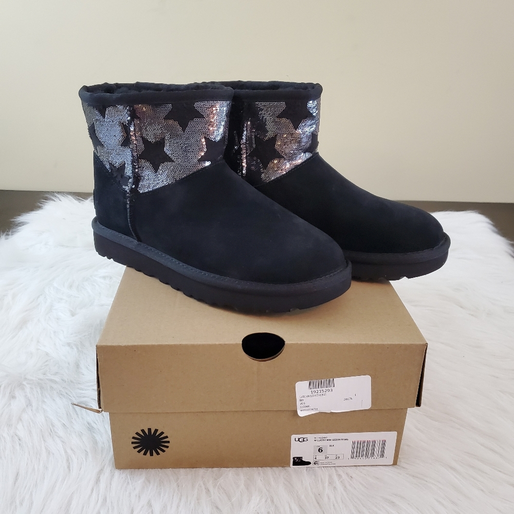 UGG 6 Classic Mini Sequin Stars Blk Suede Boots - Picture 9 of 10